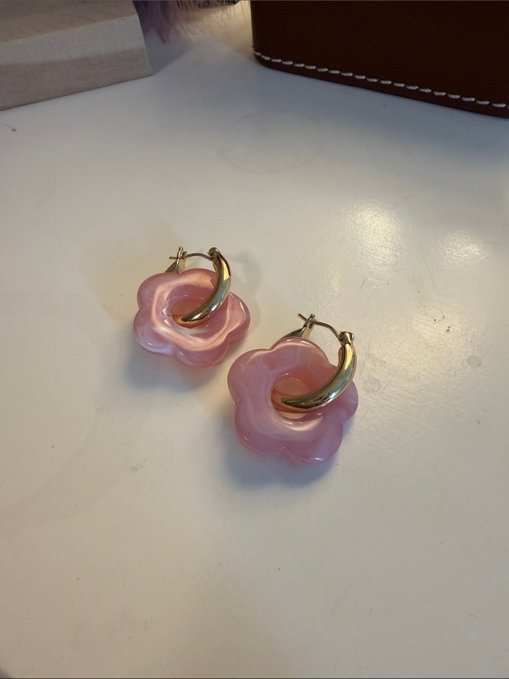Gold Hoop Pink Flower Drop Earrings - Women's Jewelry